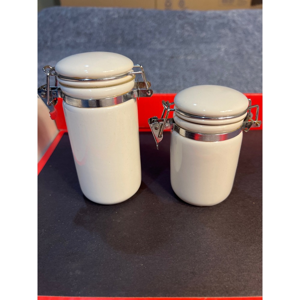Oggi White Ceramic Canister Set of 2 Airtight Locking Metal Bail Jars Minimalist